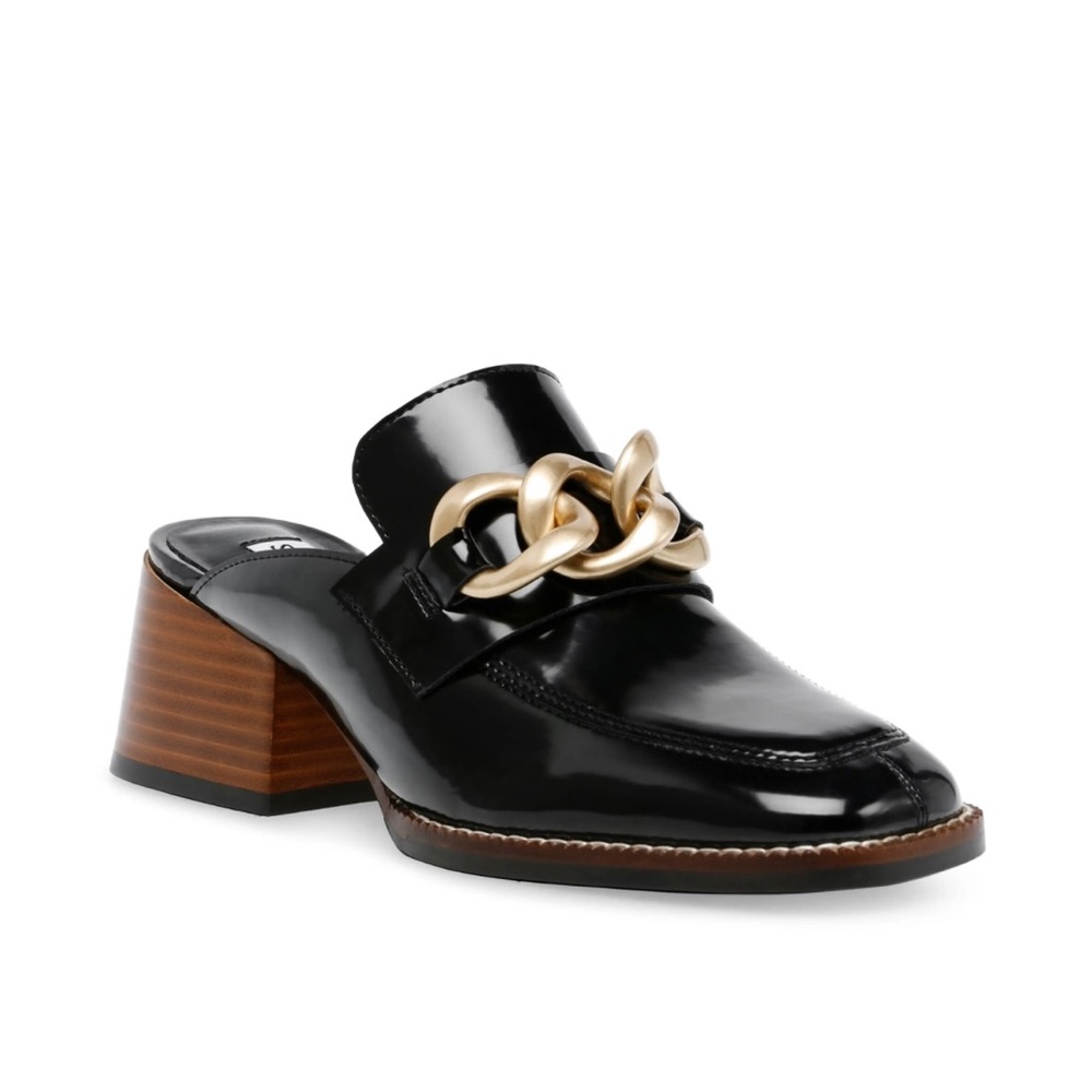 Sz 7.5 Steve Madden “Lorie” Black Mules with Chain Detail